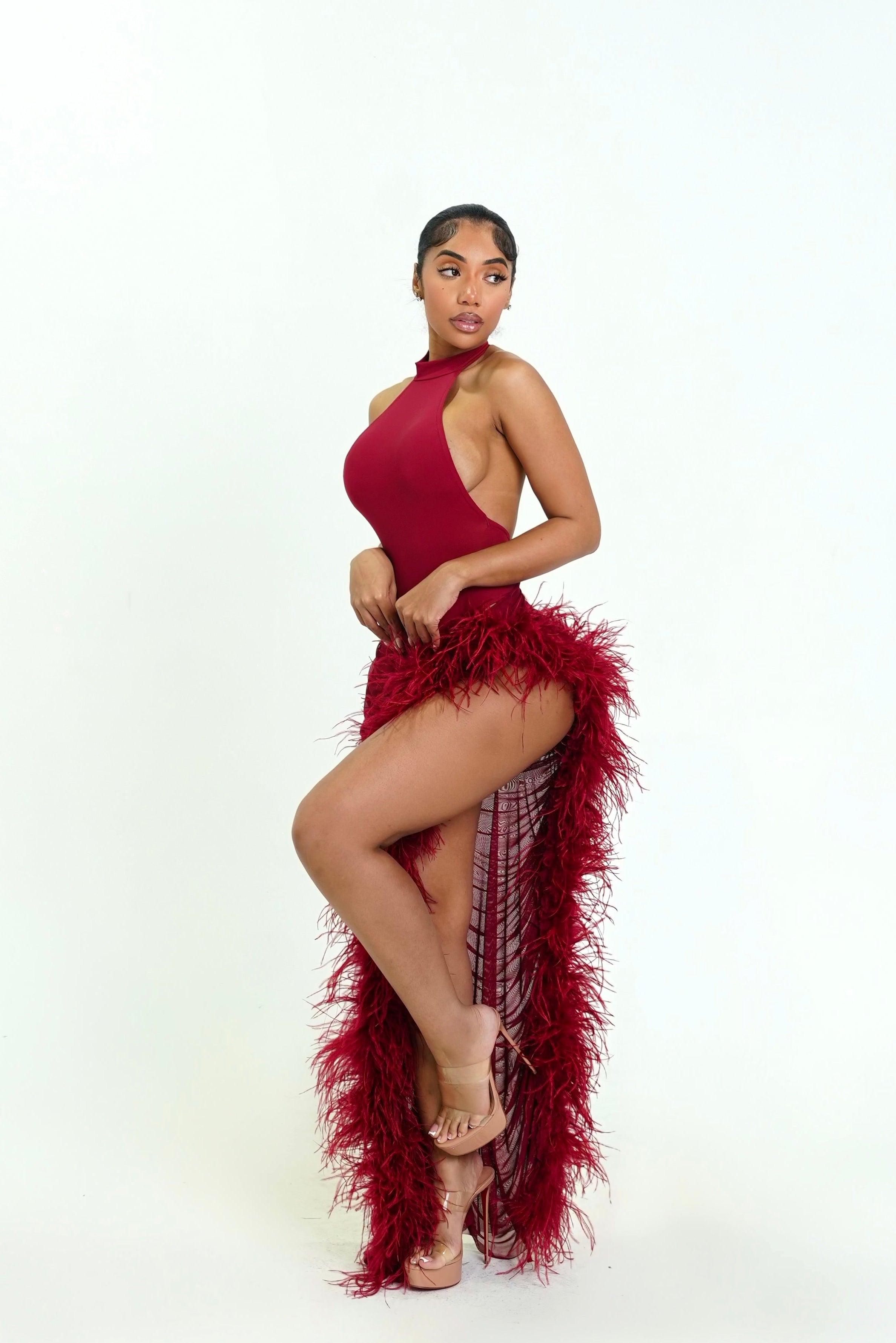 Ruby Red Ostritch Skirt Set