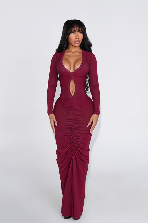 burgundy maxi dress with sleeves Elmont Long Sleeve Feel feminine in this burgundy floral devore long sleeve maxi dress Allure Maxi Dress Burgundy