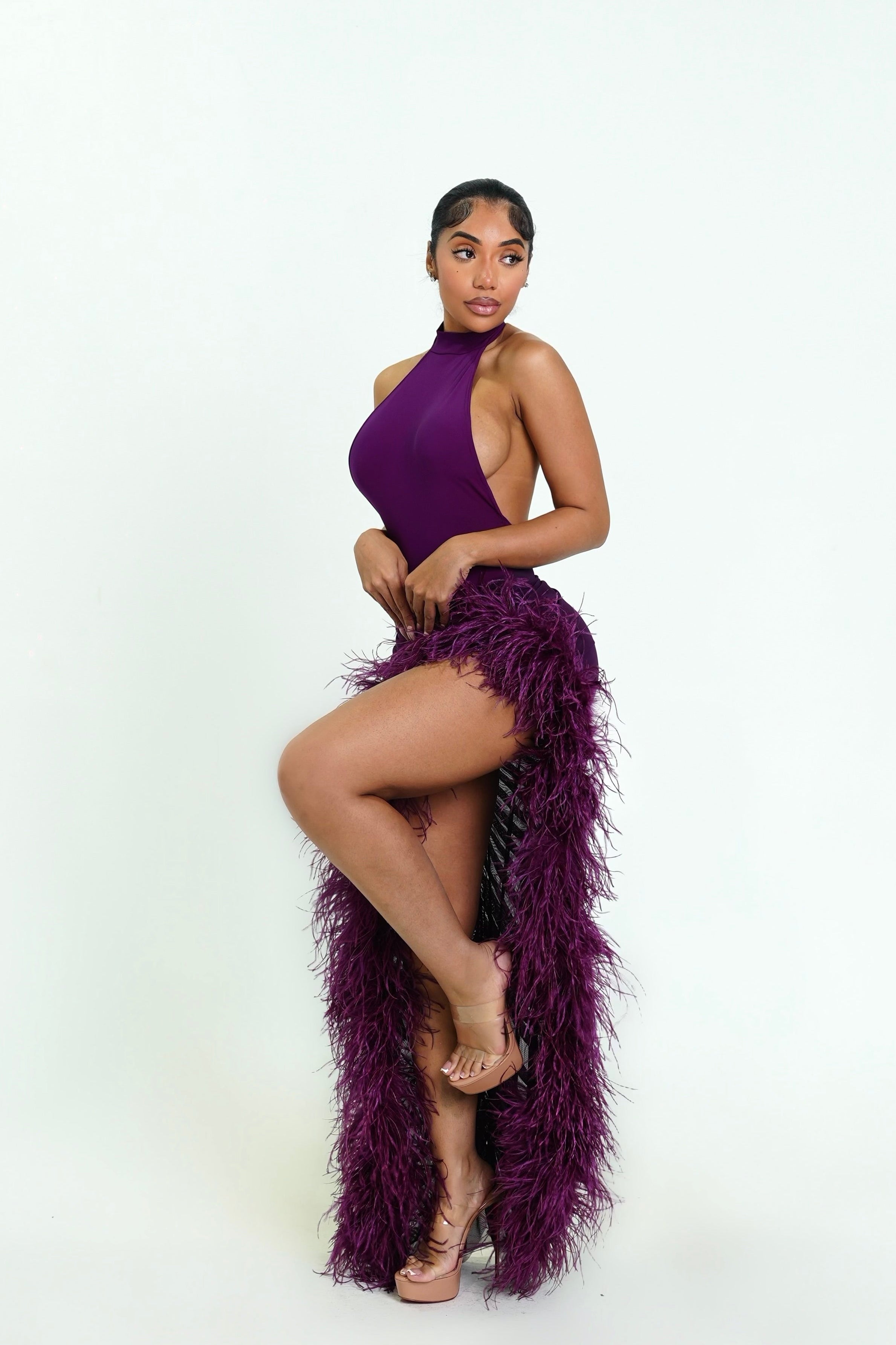 Midnight Plum Ostritch Skirt Set